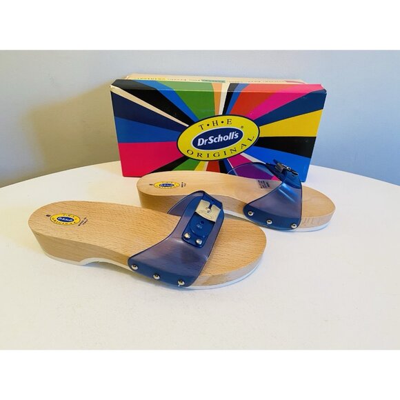 Dr Scholls Women Size 8 M Wood Exercise Clog Sandal Blue Vinyl Slide Shoe New - Picture 4 of 12